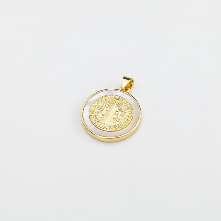 Choker #469 with St. Benedict Medallion – Circle Bezel & White Shell