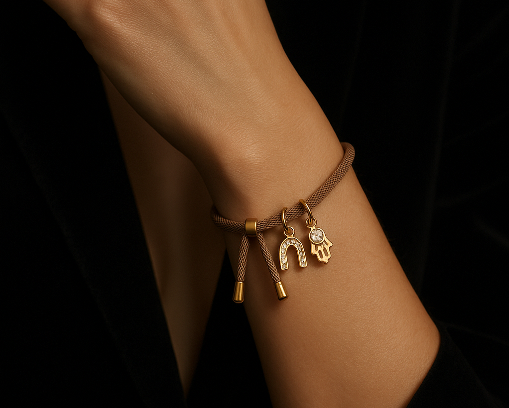 Adjustable Nut Bracelet with 18k Gold Plated Hamsa & Horseshoe Charms
