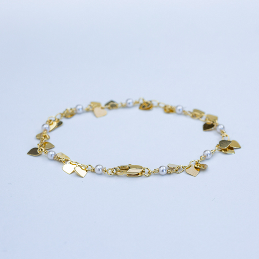 18k Gold Plated Bracelet with Pearls and Heart Charms