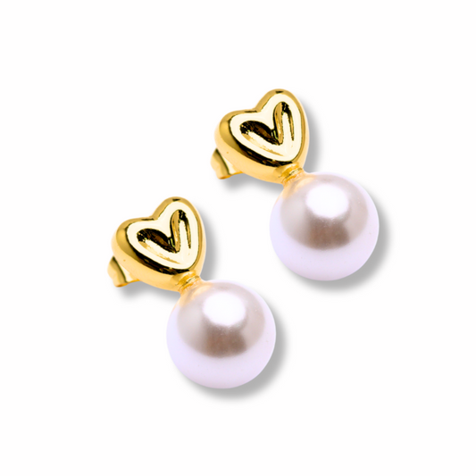 Gold Heart Pearl 12mm Earrings