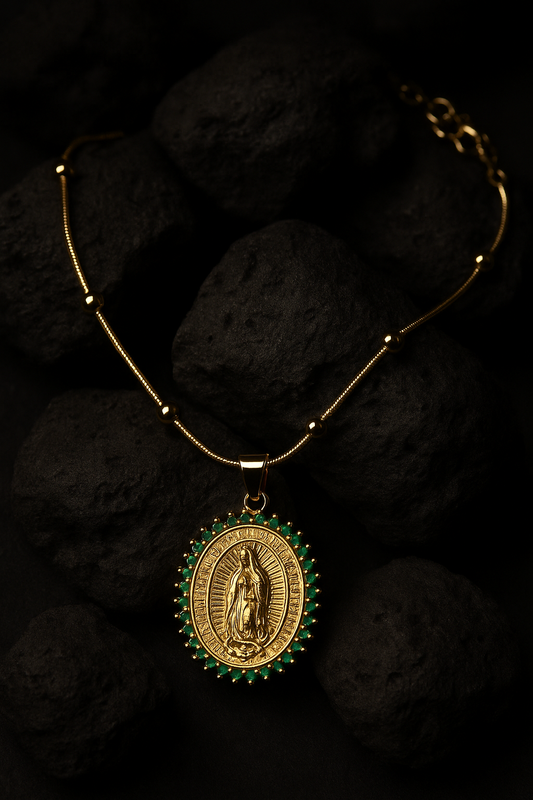 Choker #469 with Virgin of Guadalupe Green Crystal Pendant