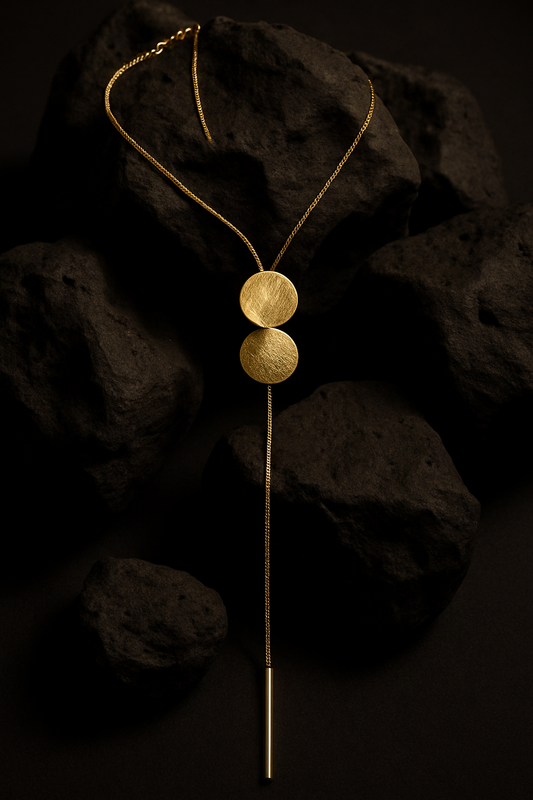 Gold Box Chain Necklace with Double Disc & Pendulum Drop – #455