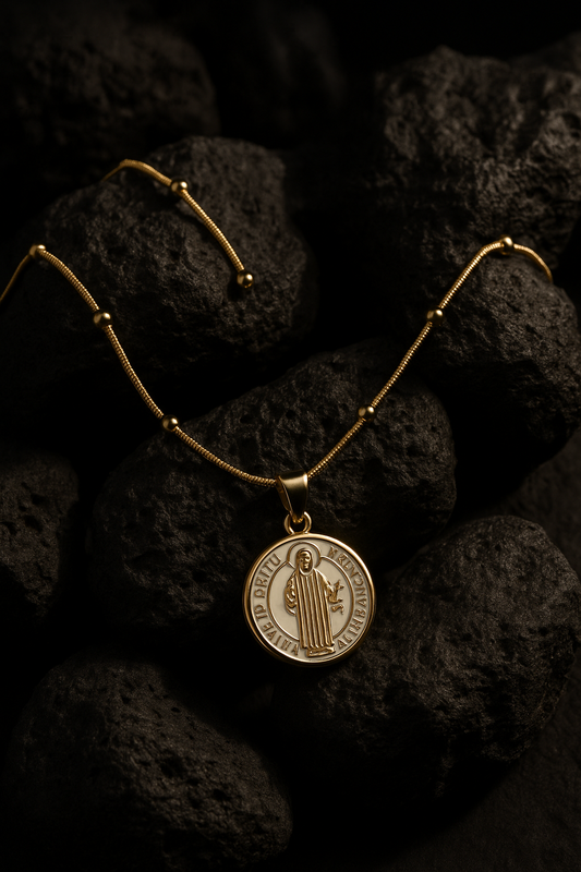 Choker #469 with St. Benedict White Enamel Pendant – 14"