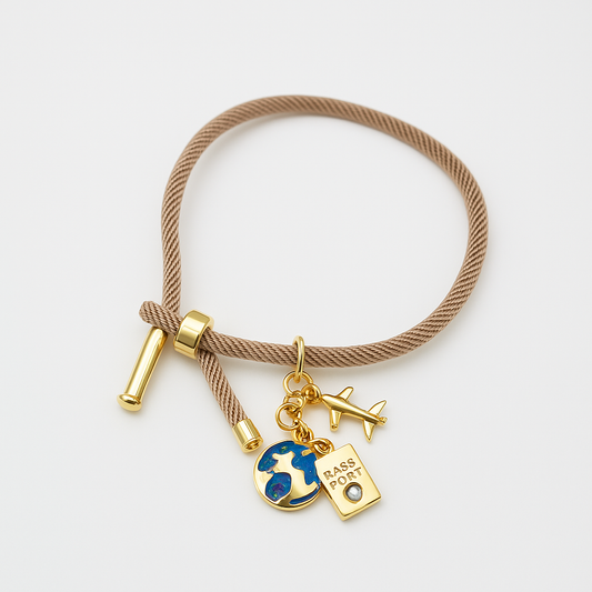 Adjustable Nut Bracelet with Gold Passport Travel Charm – 18k Gold Plated