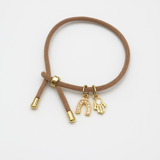 Adjustable Nut Bracelet with 18k Gold Plated Hamsa & Horseshoe Charms