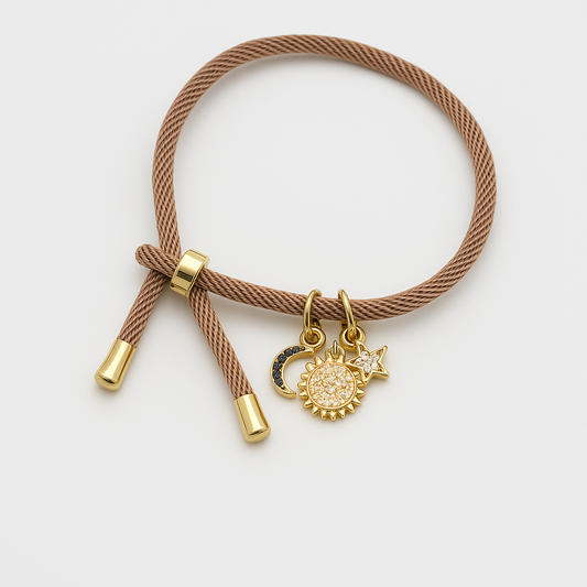 Adjustable Nut Bracelet with 18k Gold Plated Sun, Moon & Star Charm