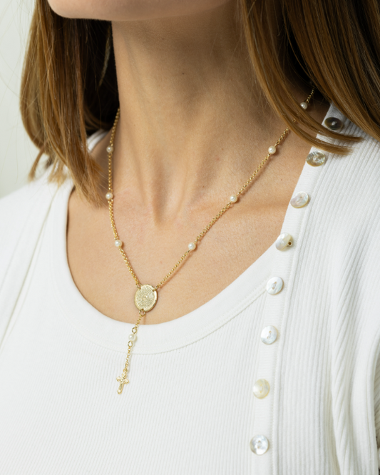 18" Pearl Rosary Decade Necklace – Gold Plated