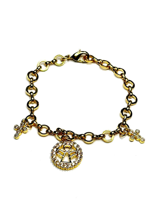 Elegant Link Bracelet with Angel & Purity Cross Charms – 18K Gold Plated & white Zircon