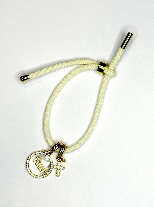 Adjustable White Bracelet with 18K Gold-Plated Mother-of-Pearl Faith Pendant & Zircon Cross
