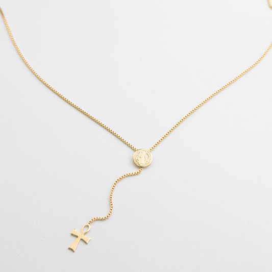 Box Chain Necklace with San Benito Medallion & Cross