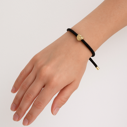 Open Heart Bracelet with Black Adjustable Cord – 18k Gold Plated