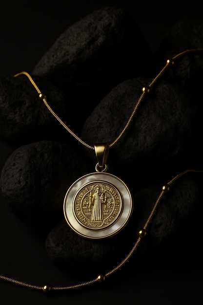 Choker #469 with St. Benedict Medallion – Circle Bezel & White Shell