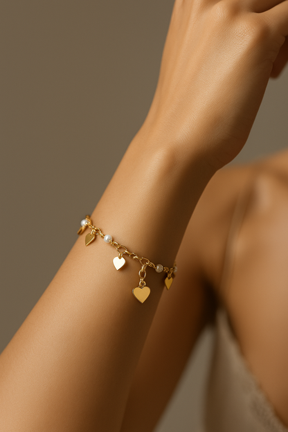 18k Gold Plated Bracelet with Pearls and Heart Charms