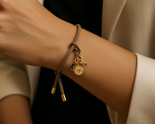Adjustable Nut Bracelet with 18k Gold Plated Sun, Moon & Star Charm