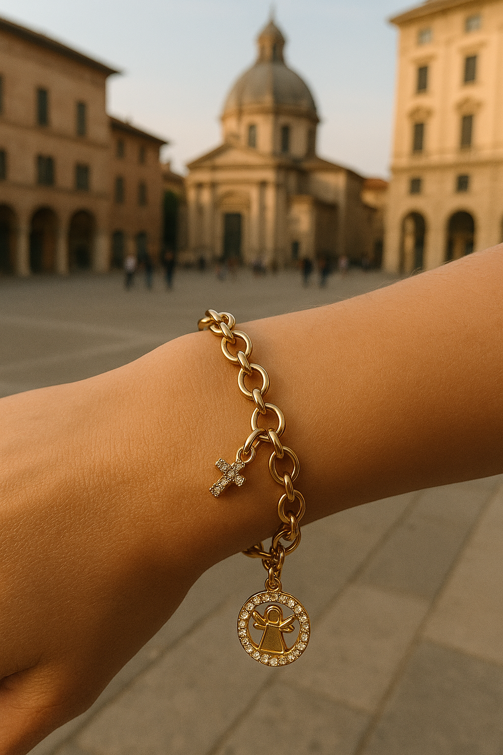 Elegant Link Bracelet with Angel & Purity Cross Charms – 18K Gold Plated & white Zircon