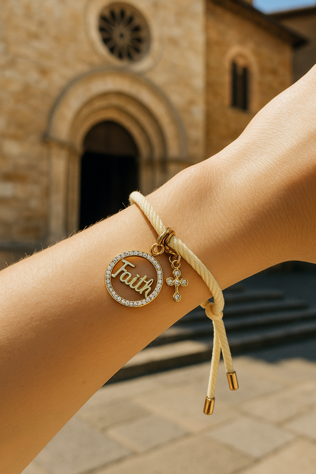 Adjustable White Bracelet with 18K Gold-Plated Mother-of-Pearl Faith Pendant & Zircon Cross