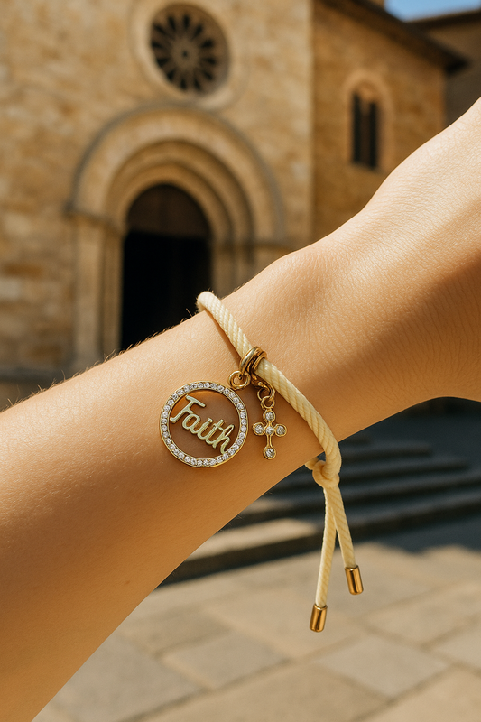 Adjustable White Bracelet with 18K Gold-Plated Mother-of-Pearl Faith Pendant & Zircon Cross