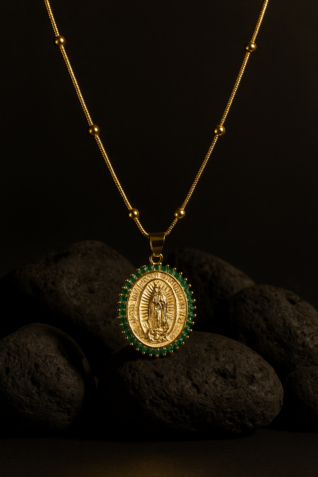 Choker #469 with Virgin of Guadalupe Green Crystal Pendant