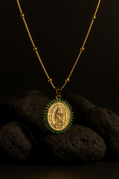 Choker #469 with Virgin of Guadalupe Green Crystal Pendant
