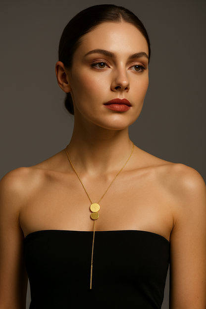 Gold Box Chain Necklace with Double Disc & Pendulum Drop – #455