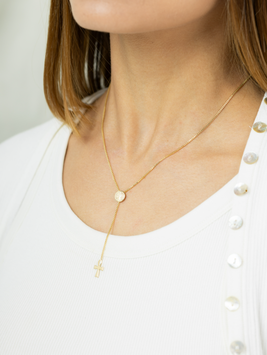 Box Chain Necklace with San Benito Medallion & Cross
